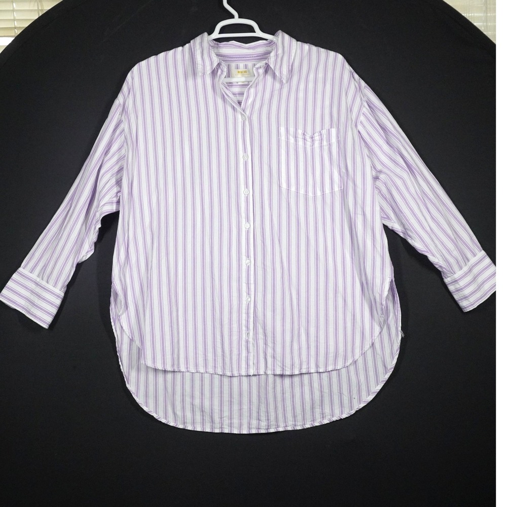 Maeve Anthropologie Button Down Shirt Womens Large Purple Striped High Low Prep